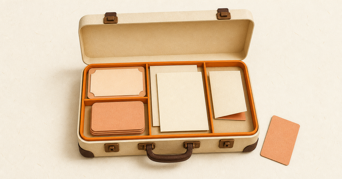 A suitcase holding prompt cards, documents, conversation notes, and an answer card