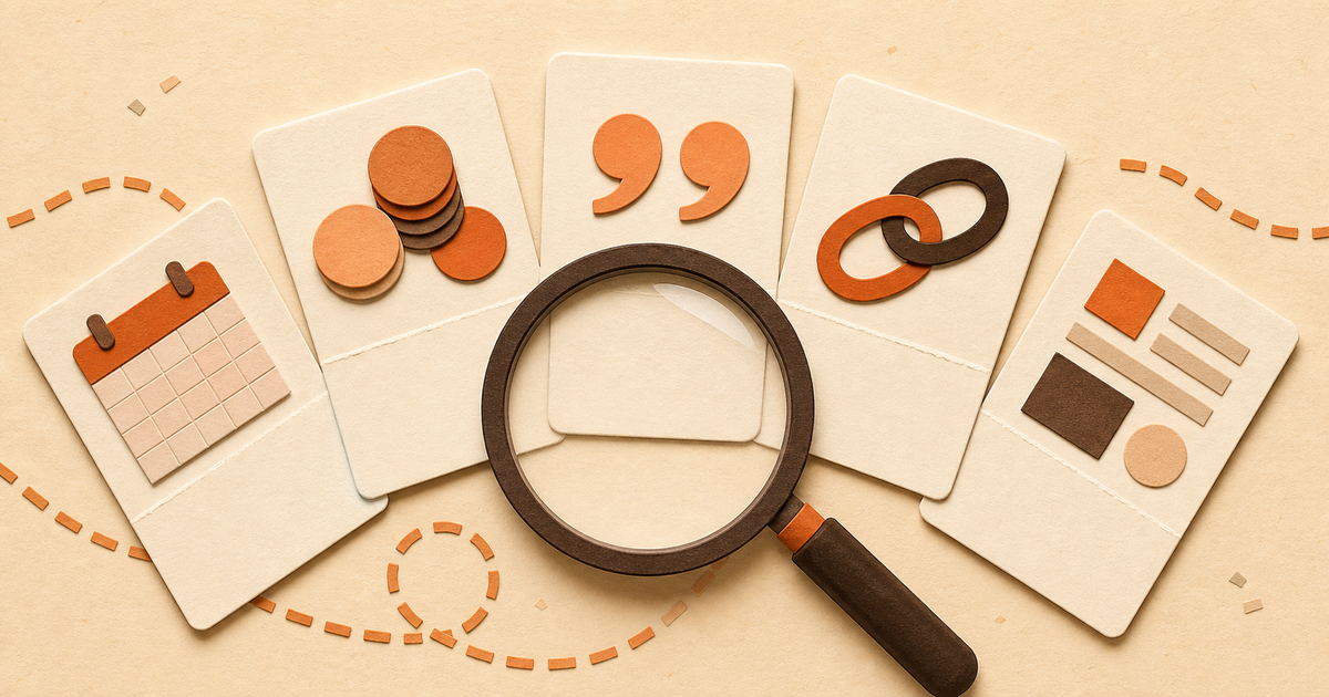 A magnifying glass checking five claim cards on a warm desk