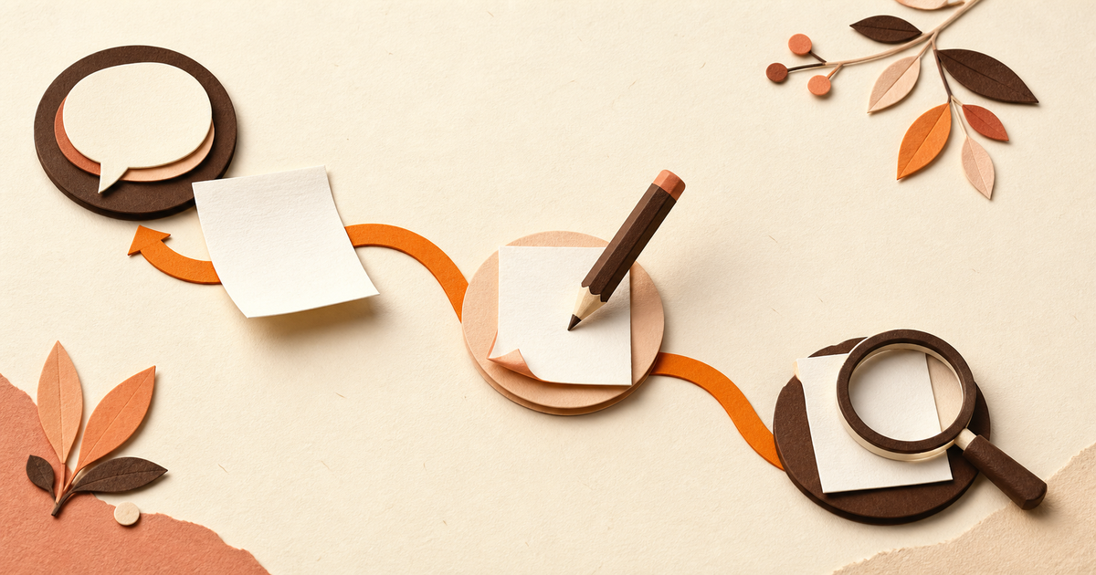 A chat window and document connected by a simple orange learning path